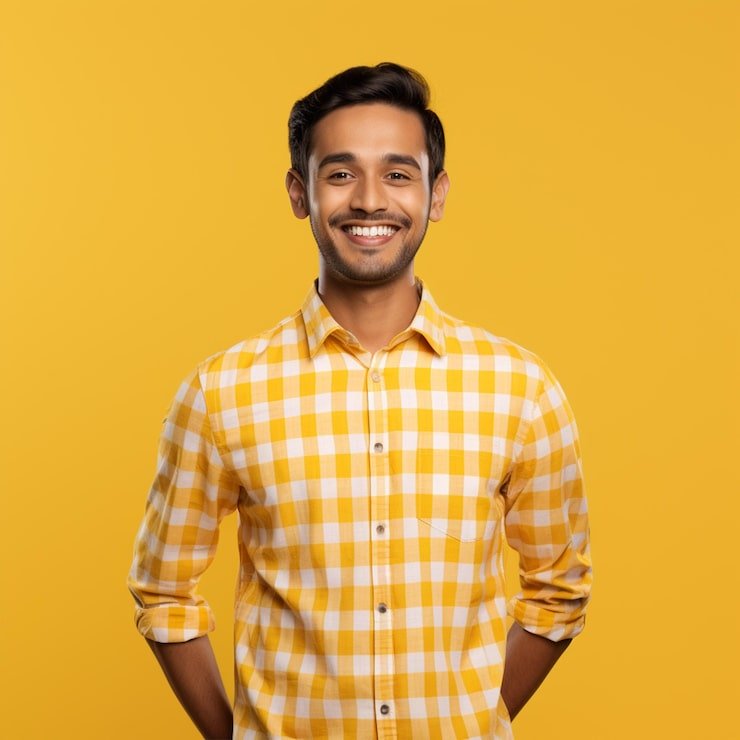 hyper-realistic-happiest-indian-handsome-man-chex-shirt-hands-up-isolated-yellow-background_862994-259227